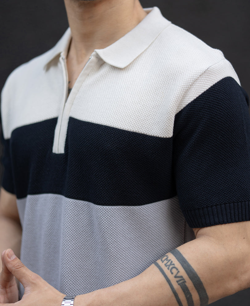 Grey & Navy Knit Stripe T-Shirt