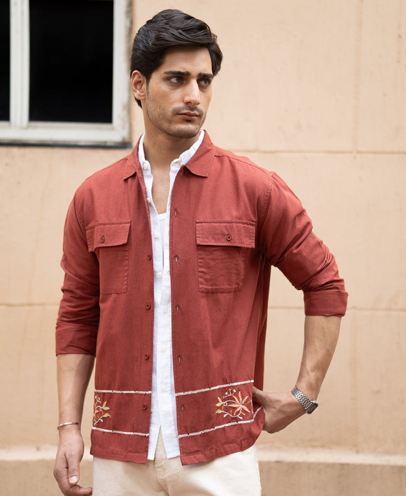 Brick Embroidered Linen Shirt