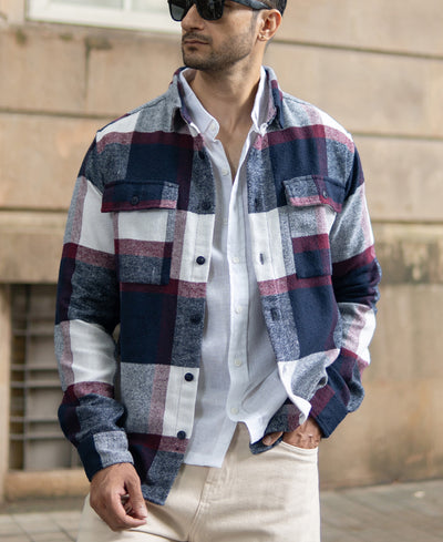 Navy And Wine Flannel Checks Shirt