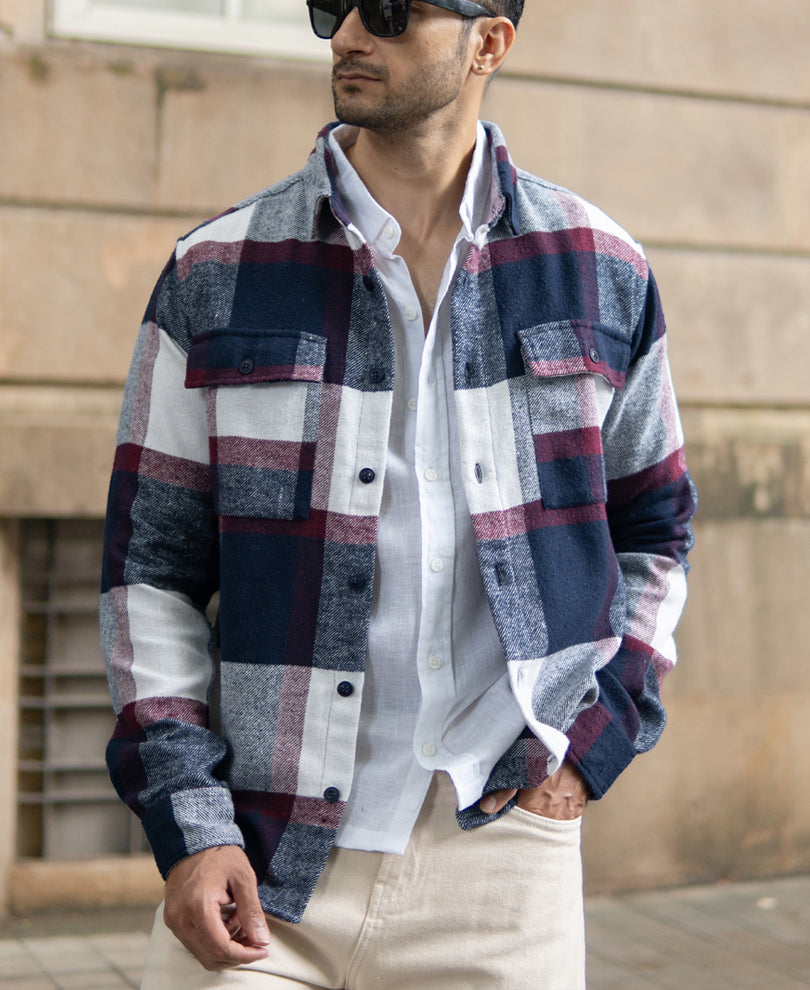 Navy And Wine Flannel Checks Shirt