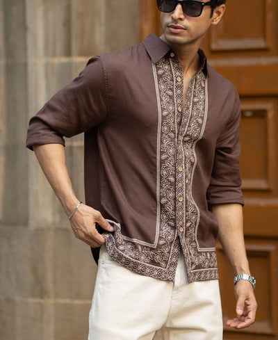 Dark Brown Linen Blend Embroidery Shirt