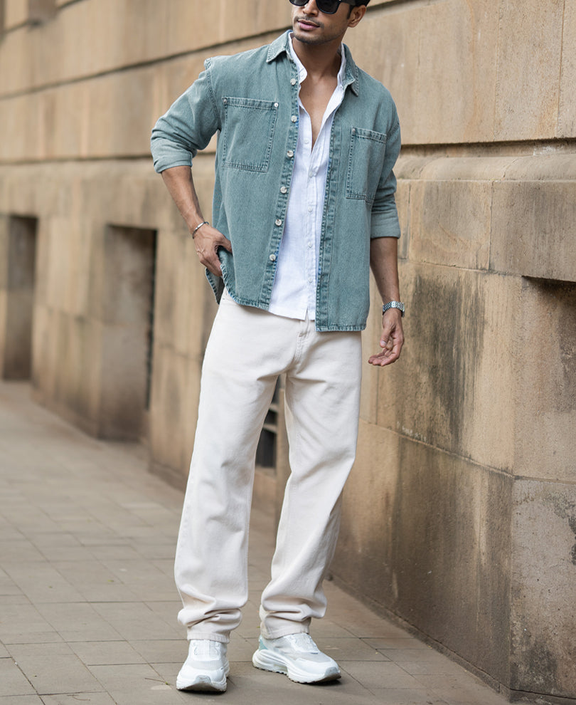 Mid Blue Washed Denim Shirt.
