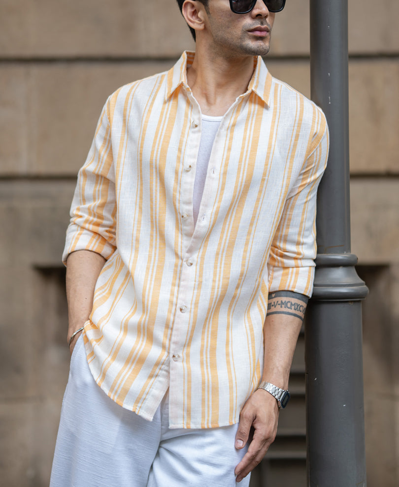 Yellow Linen Lightweight Stripe Shirt.