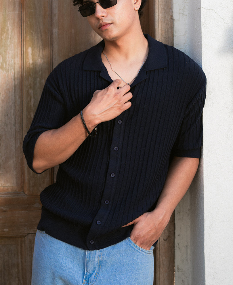 Navy Rib Knit Shirt.
