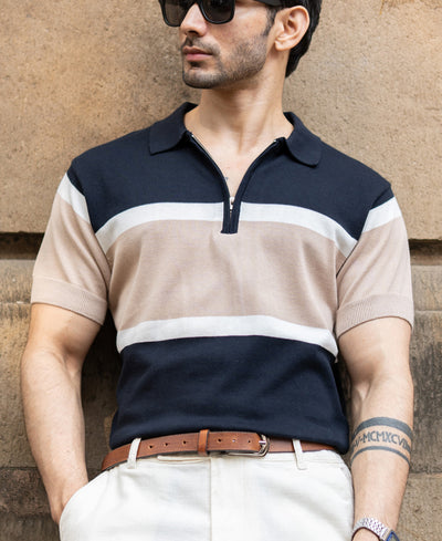 Navy & Beige Knit Stripe T-Shirt