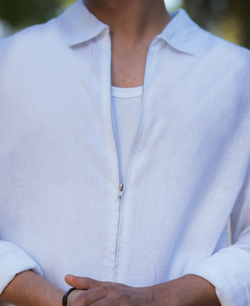 White Linen Blend Zipper Shirt