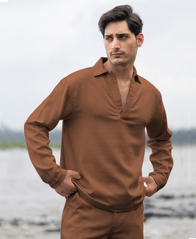 Brown Striuctured Cotton Kurta Shirt