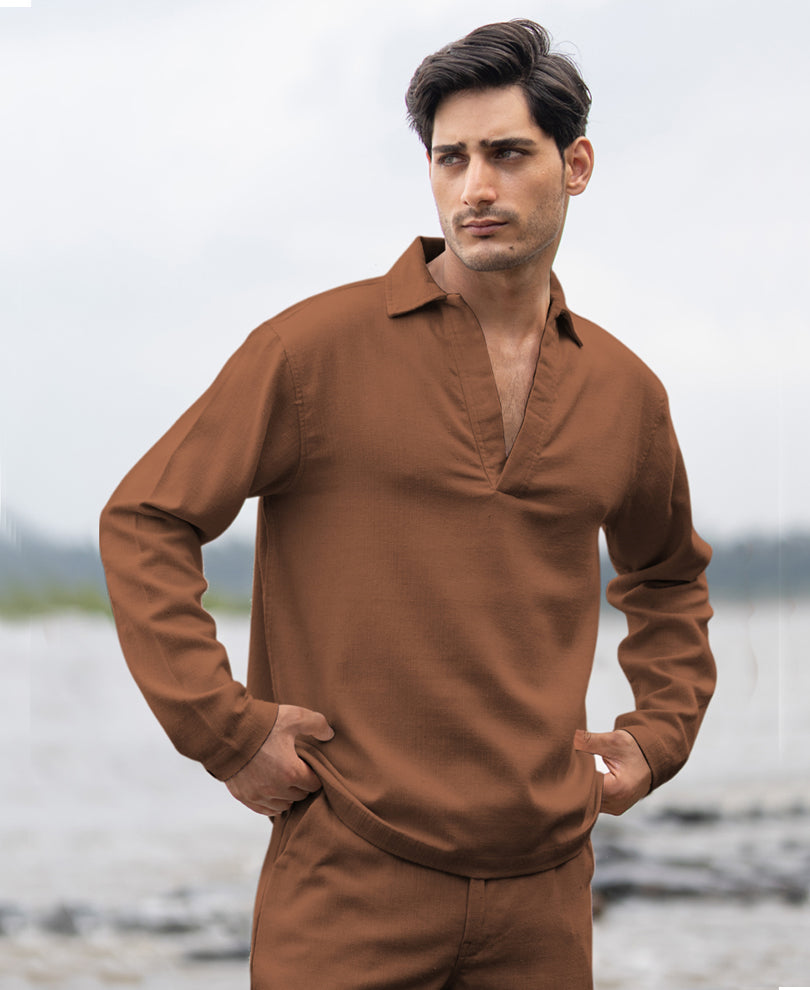Brown Striuctured Cotton Kurta Shirt