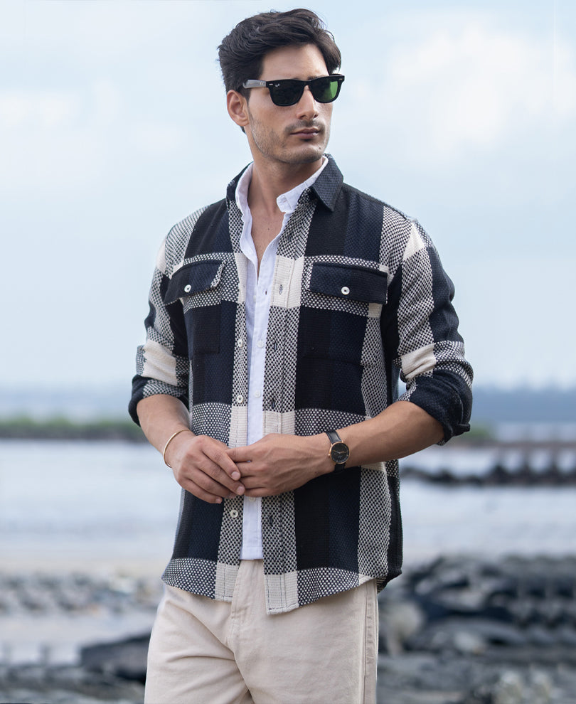 Navy Structured Checked Shirt
