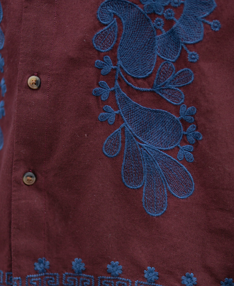 Wine Embroidered Linen Blend Shirt.