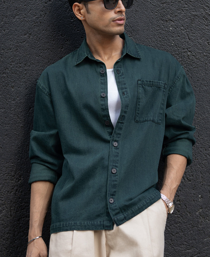 Dark Green Over Dyed Denim Shirt