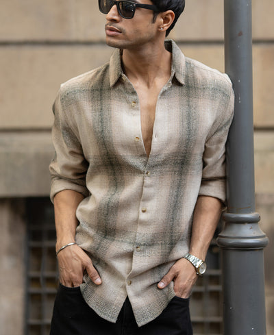 Beige Structured Checked Shirt