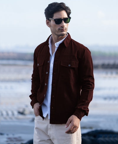 Wine Structured Overshirt With Pockets
