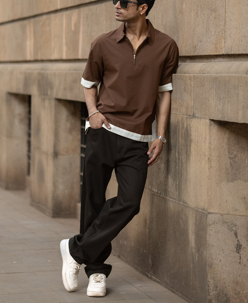 Dark Brown Boxy Fit Zipper Shirt.