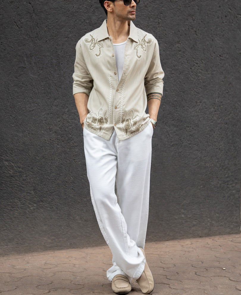 Beige Floral Embroidery Shirt.