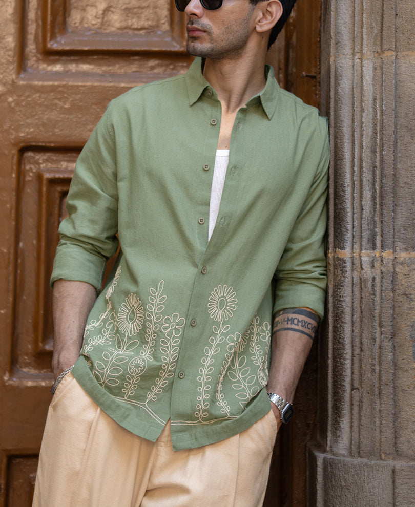 Green Embroidered Lightweight Shirt