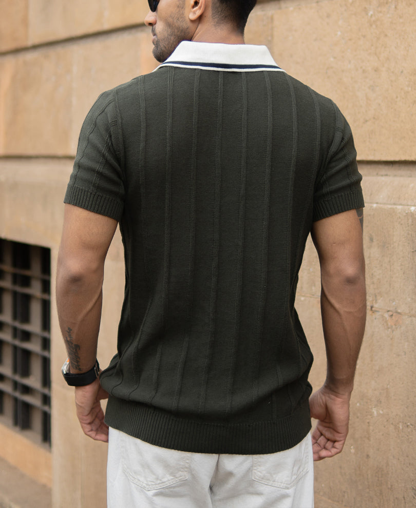 Olive Contrast Collar Knit T-Shirt