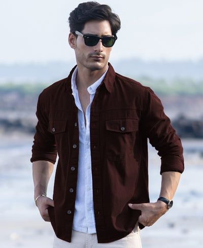 Wine Structured Overshirt With Pockets