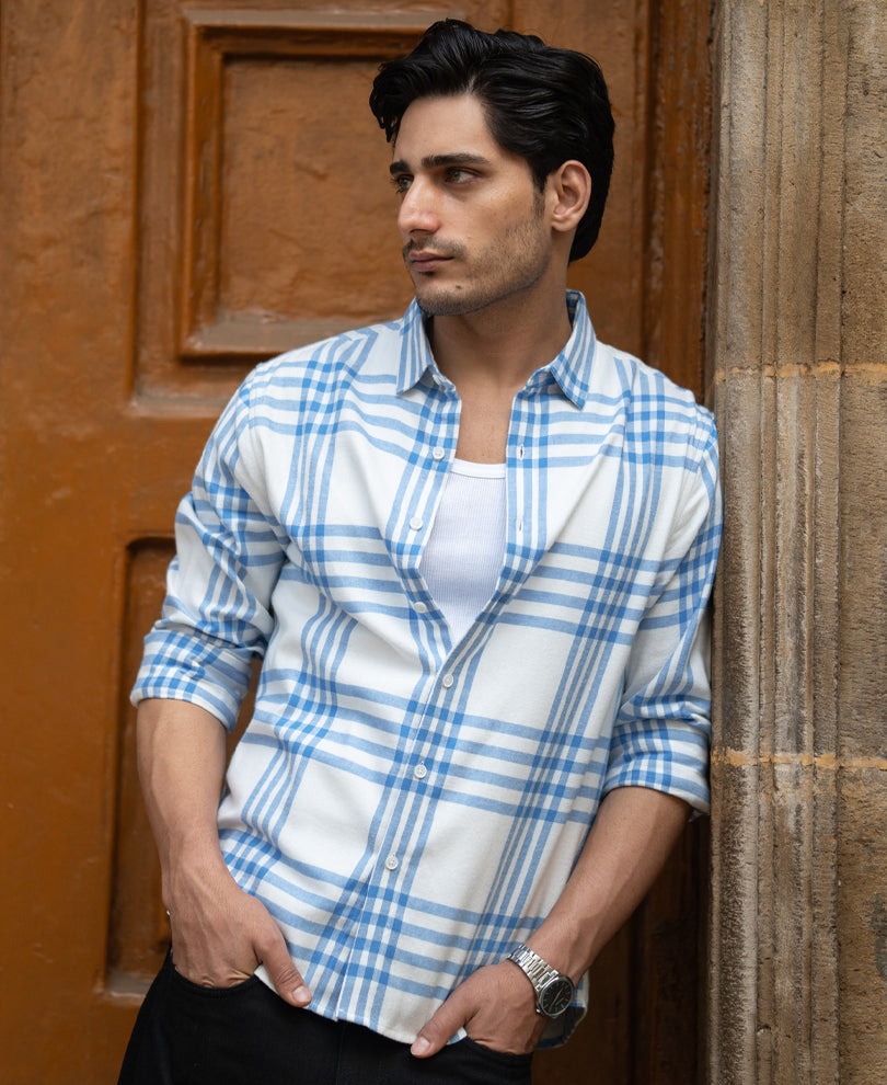 White & Royal Brushed Checks Shirt.