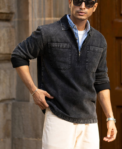 Black Washed Denim Polo Shirt