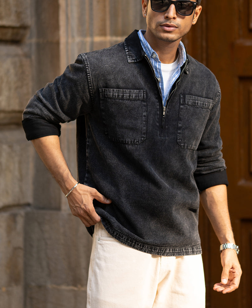 Black Washed Denim Polo Shirt