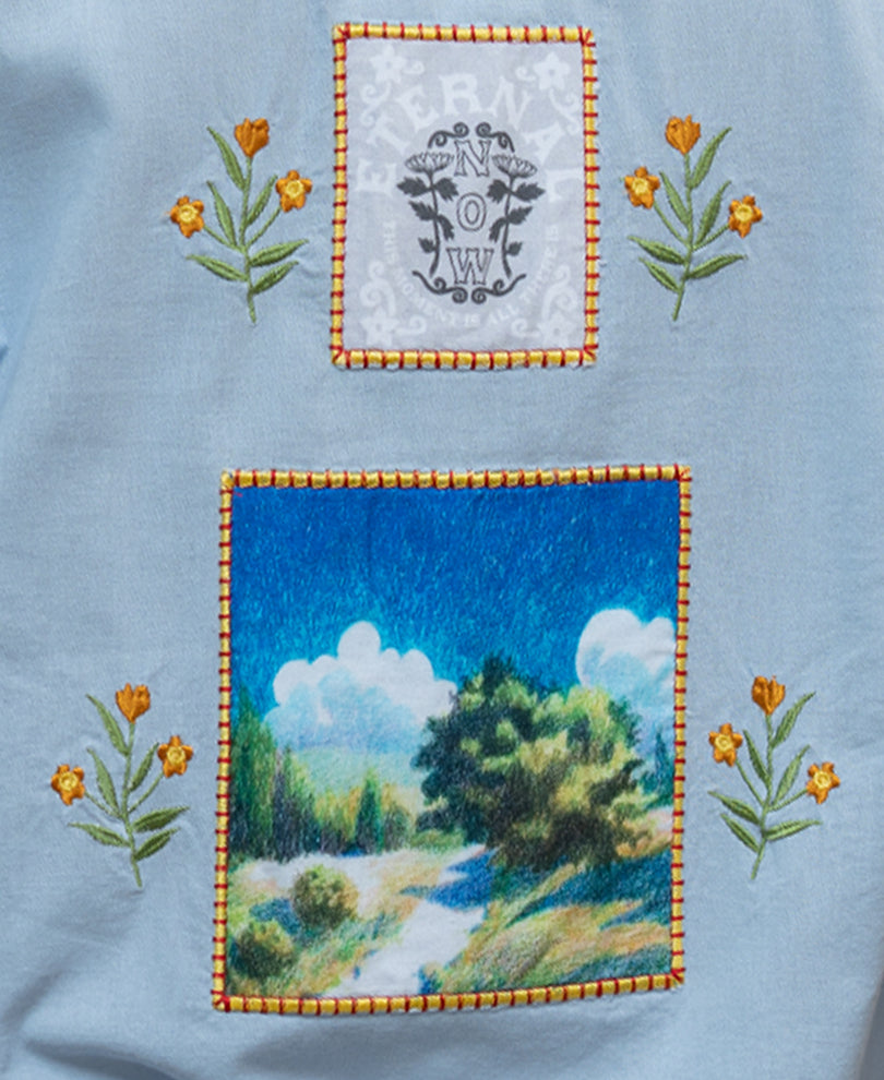 Blue Linen Blend Embroidered Shirt.