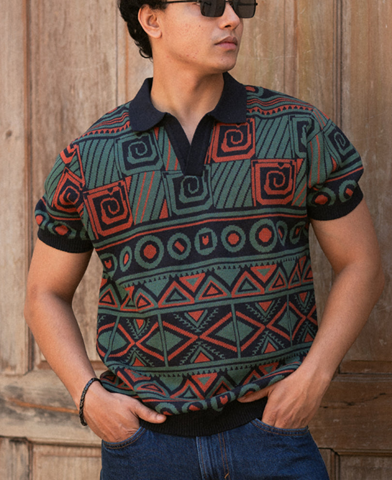 Multicolor Geometric Jacquard Knit T-Shirt 100% Cotton