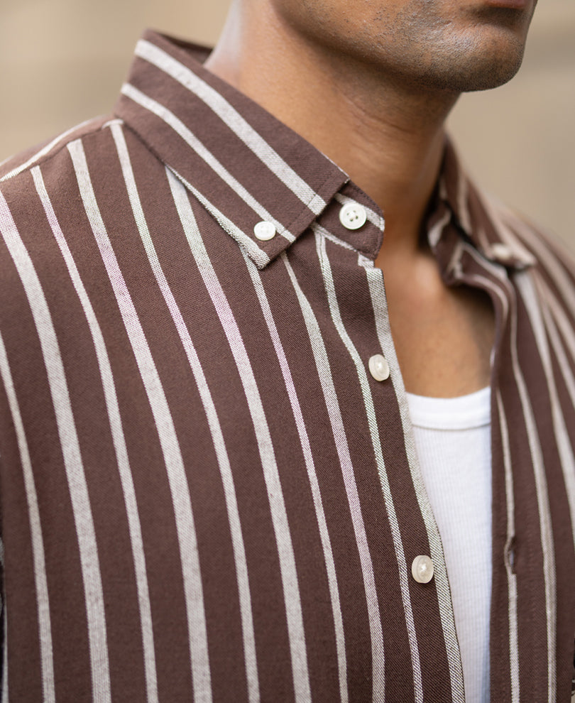 Brown Linen Blend Stripe Shirt.