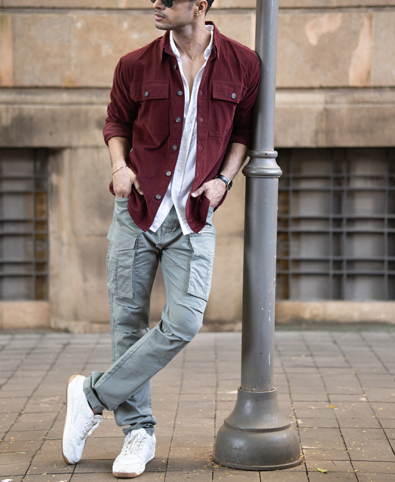 Wine Corduroy Shirt With Pockets