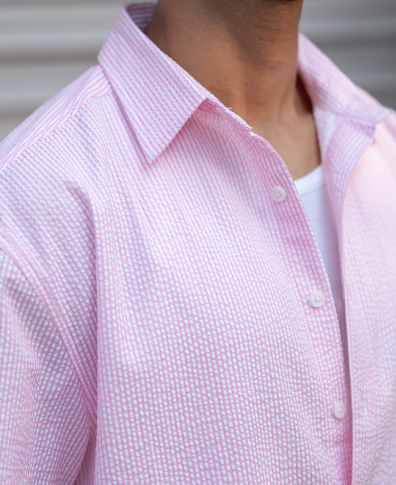 Pink Seersucker Stripe Shirt.