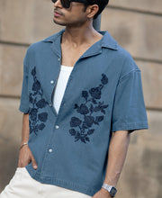 Mid Blue Embroidered Denim Shirt.