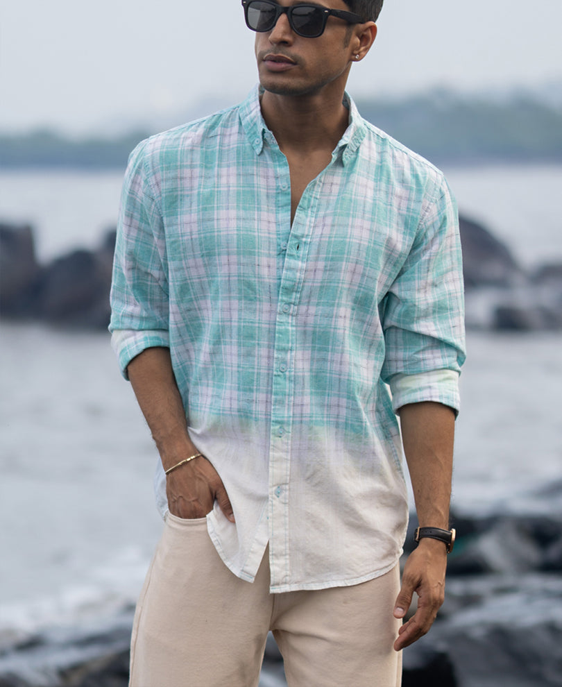 Aqua Blue Light Weight Ombre Checks Shirt