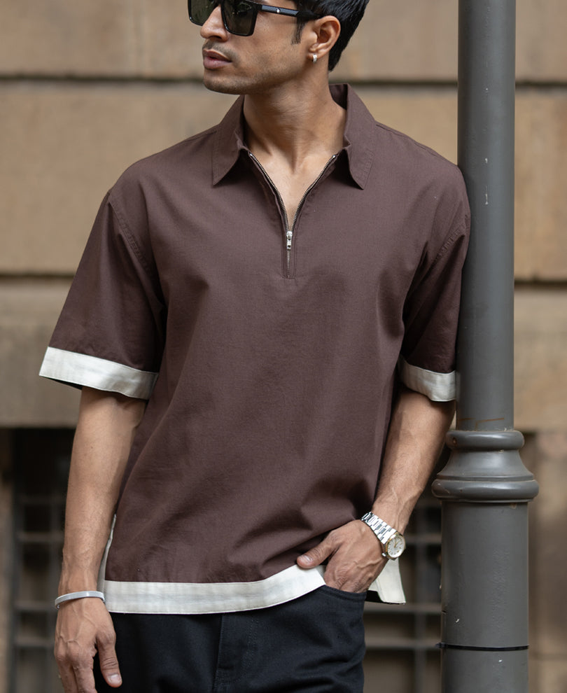 Dark Brown Boxy Fit Collar T-Shirt