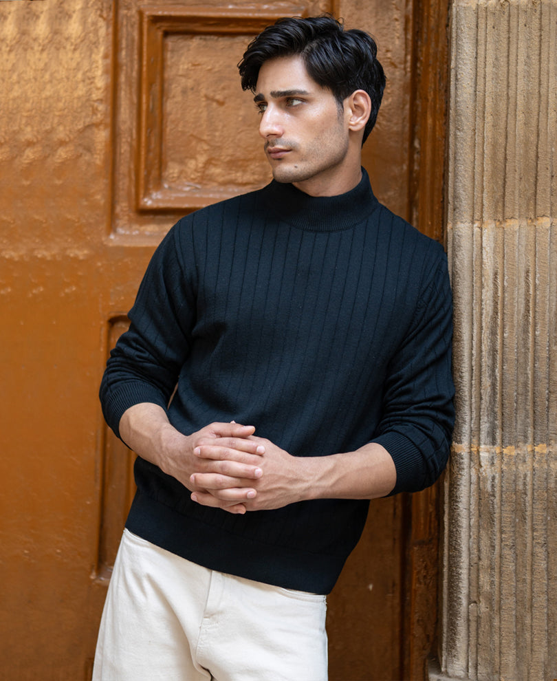 Black Structure Stripe High Neck Sweater