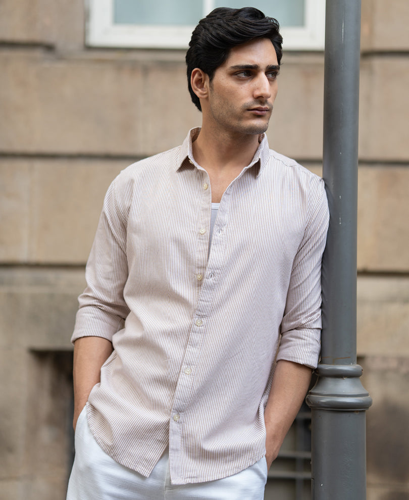 Dark Beige Oxford Stripe Shirt.