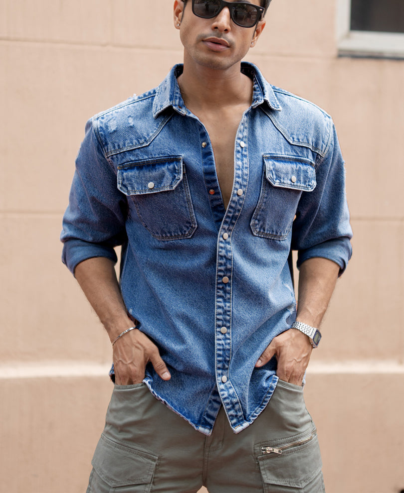 Mid Blue Distressed Denim Overshirt