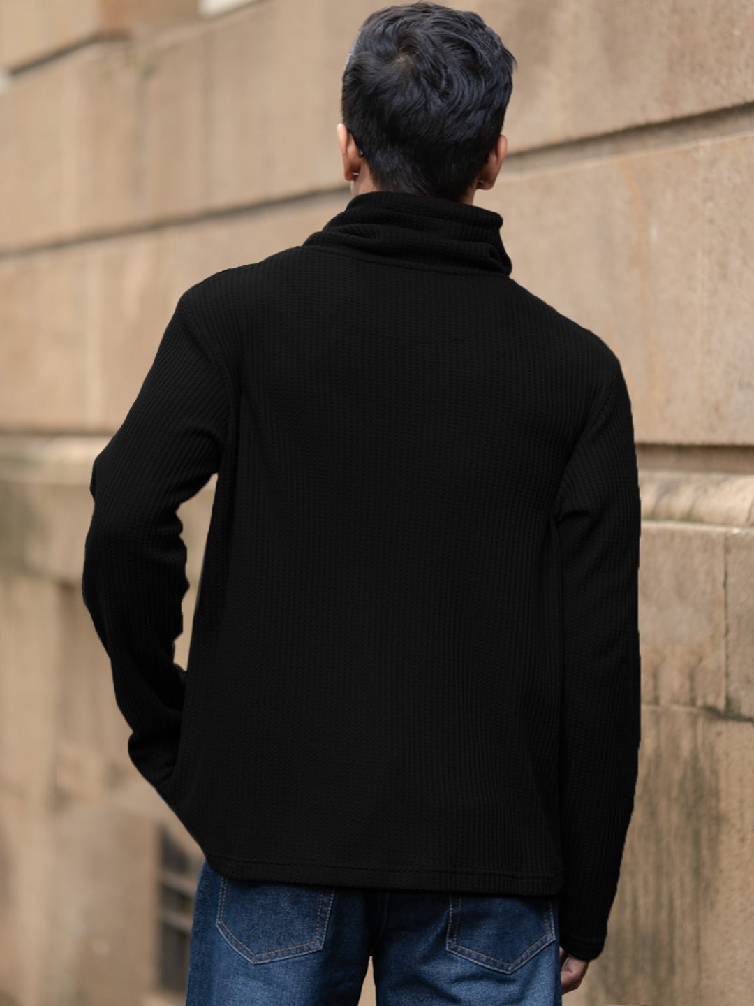 Black Structured High Neck T-Shirt