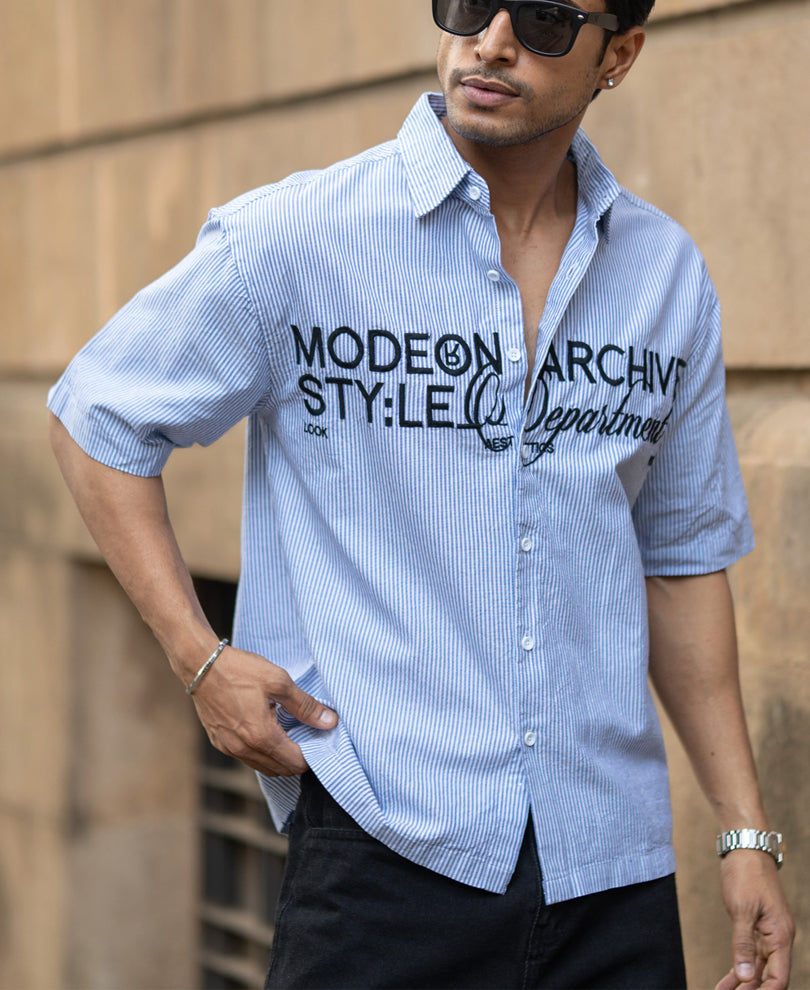 Sky Blue Stripe Embroidered Shirt