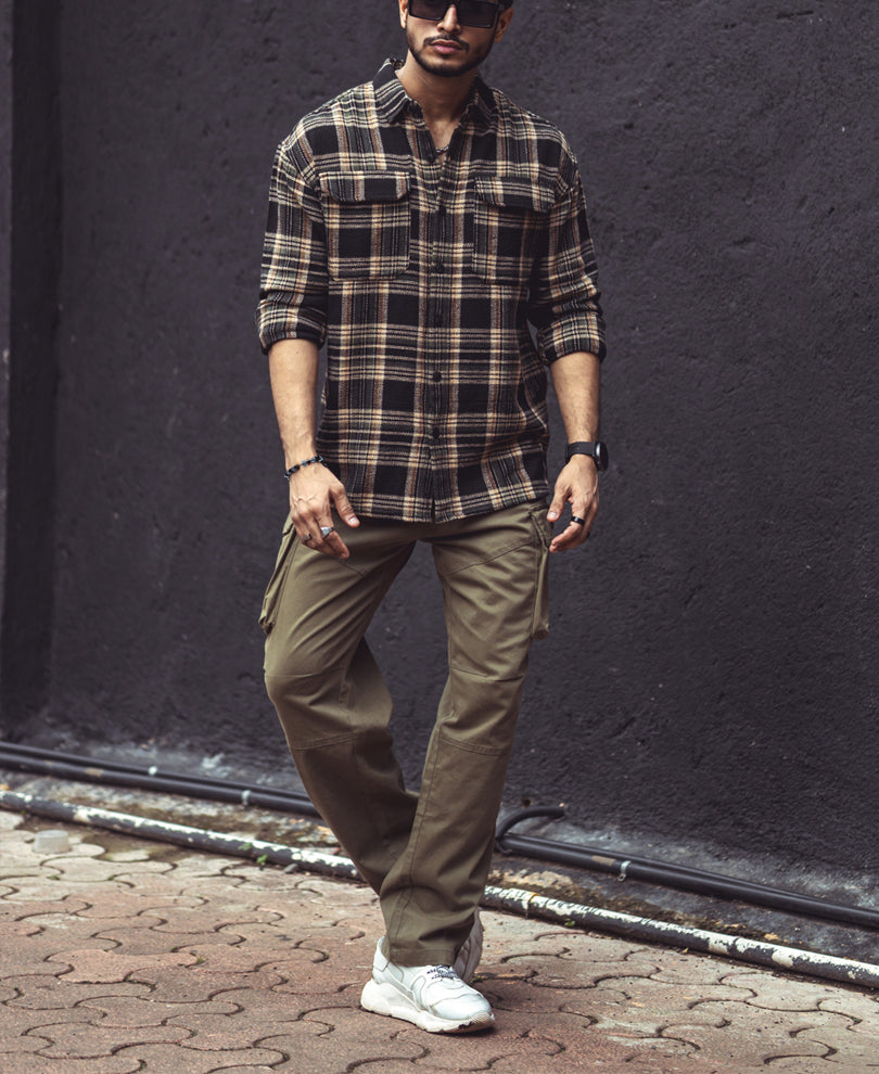 Multicolor Checks Double Pockets Oversize Drop Shoulder Shirt