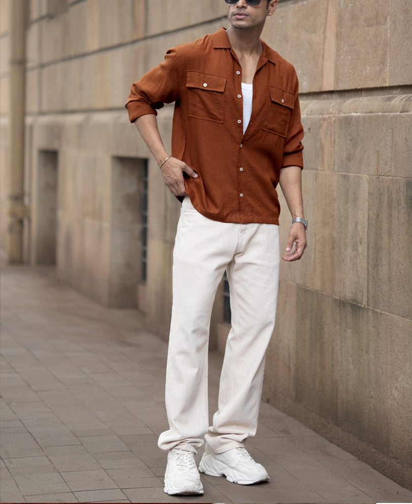 Tan Linen Double Pocket Shirt
