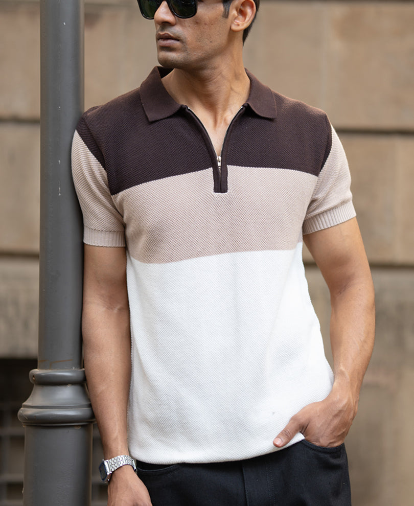 Beige & Brown Knit Stripe T-Shirt
