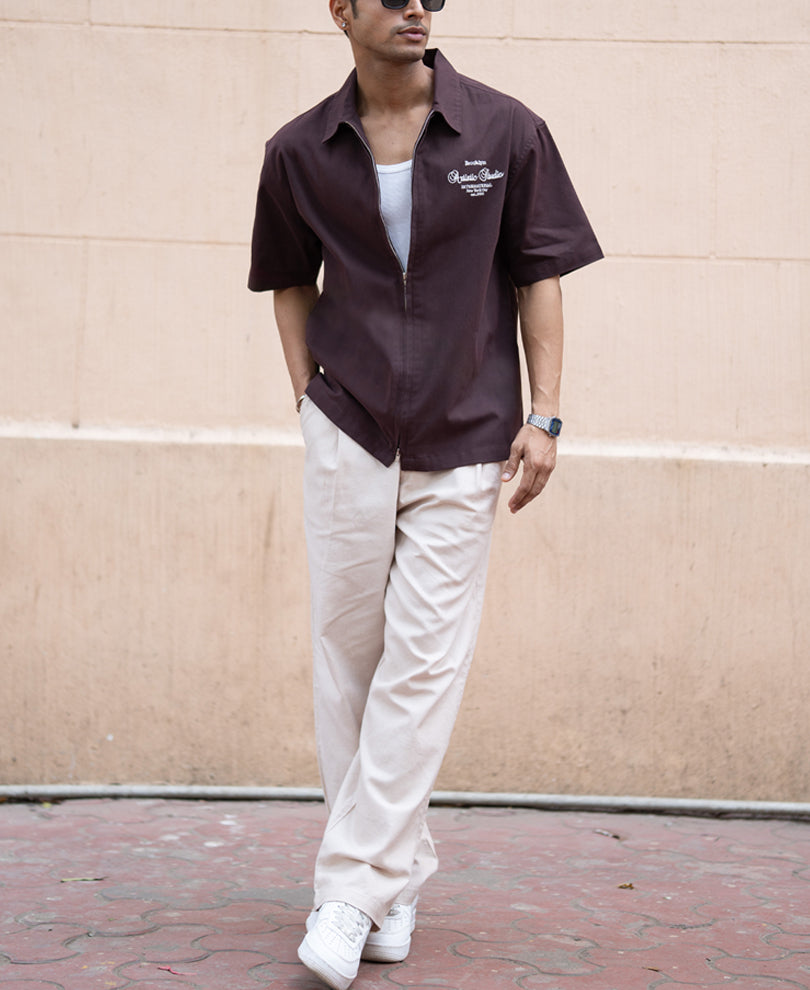Brown Embroidered Boxy Shirt