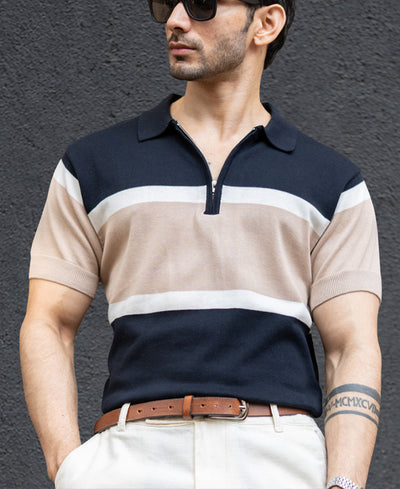 Navy & Beige Knit Stripe T-Shirt