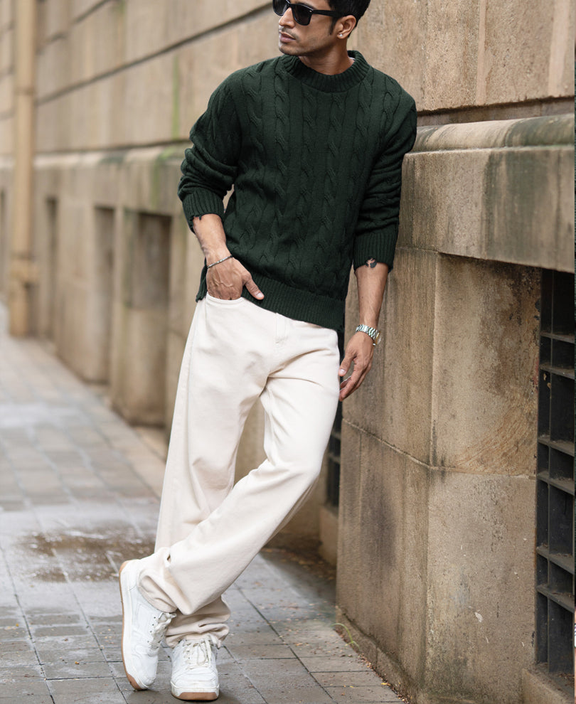 Pine Distressed Cable Knit Sweater