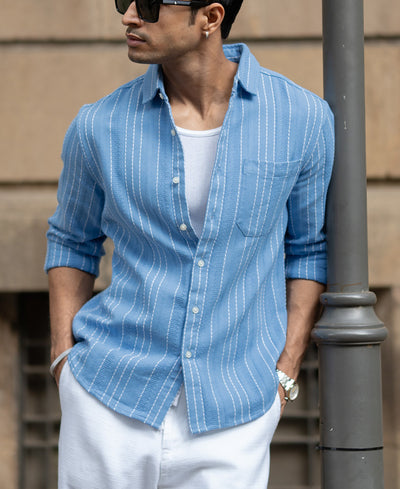 Blue Structured Striped Shirt