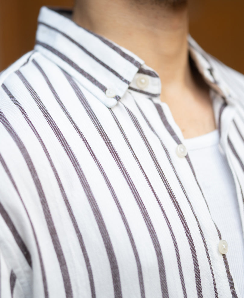White Linen Blend Stripe Shirt.
