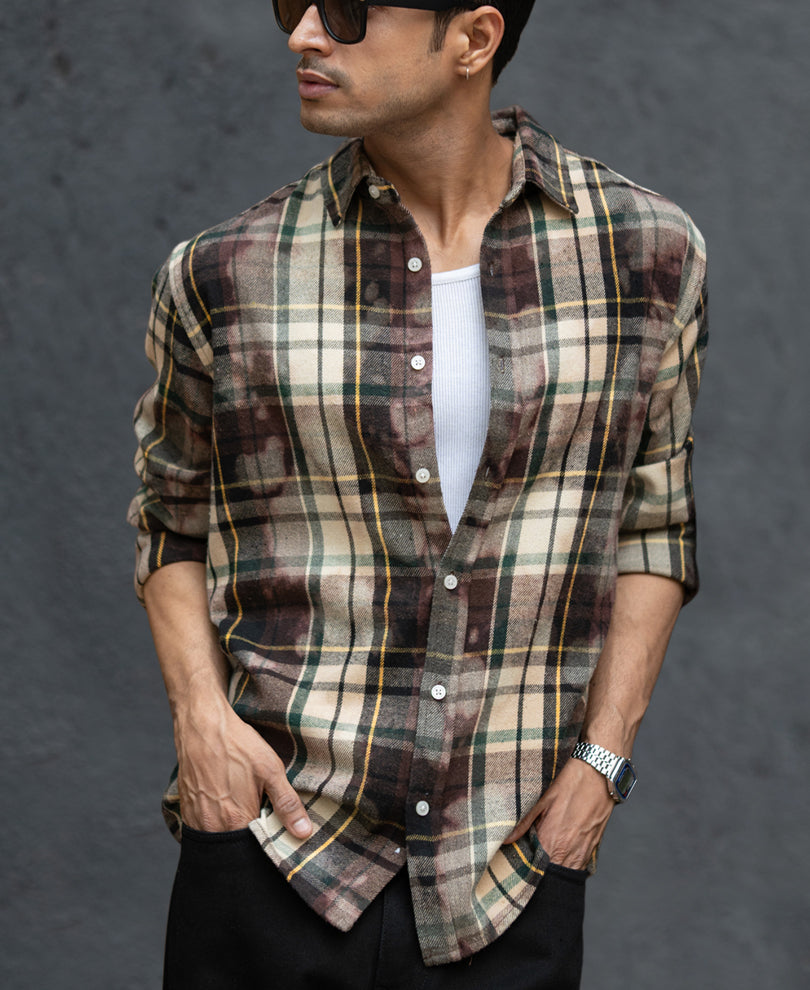 Dark Brown Washed Checks Shirt.