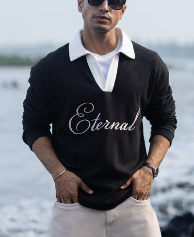 Black Embroidery Contrast T-Shirt