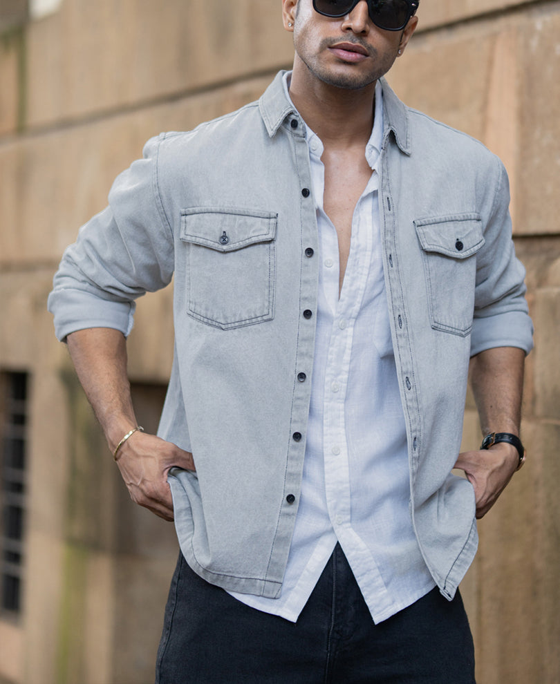 Grey Denim Shacket With Pockets