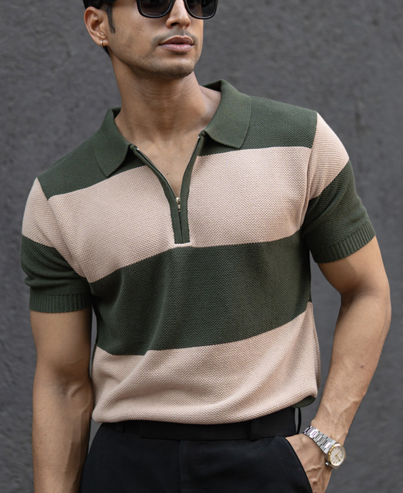 Olive & Beige Knit Stripe T-Shirt